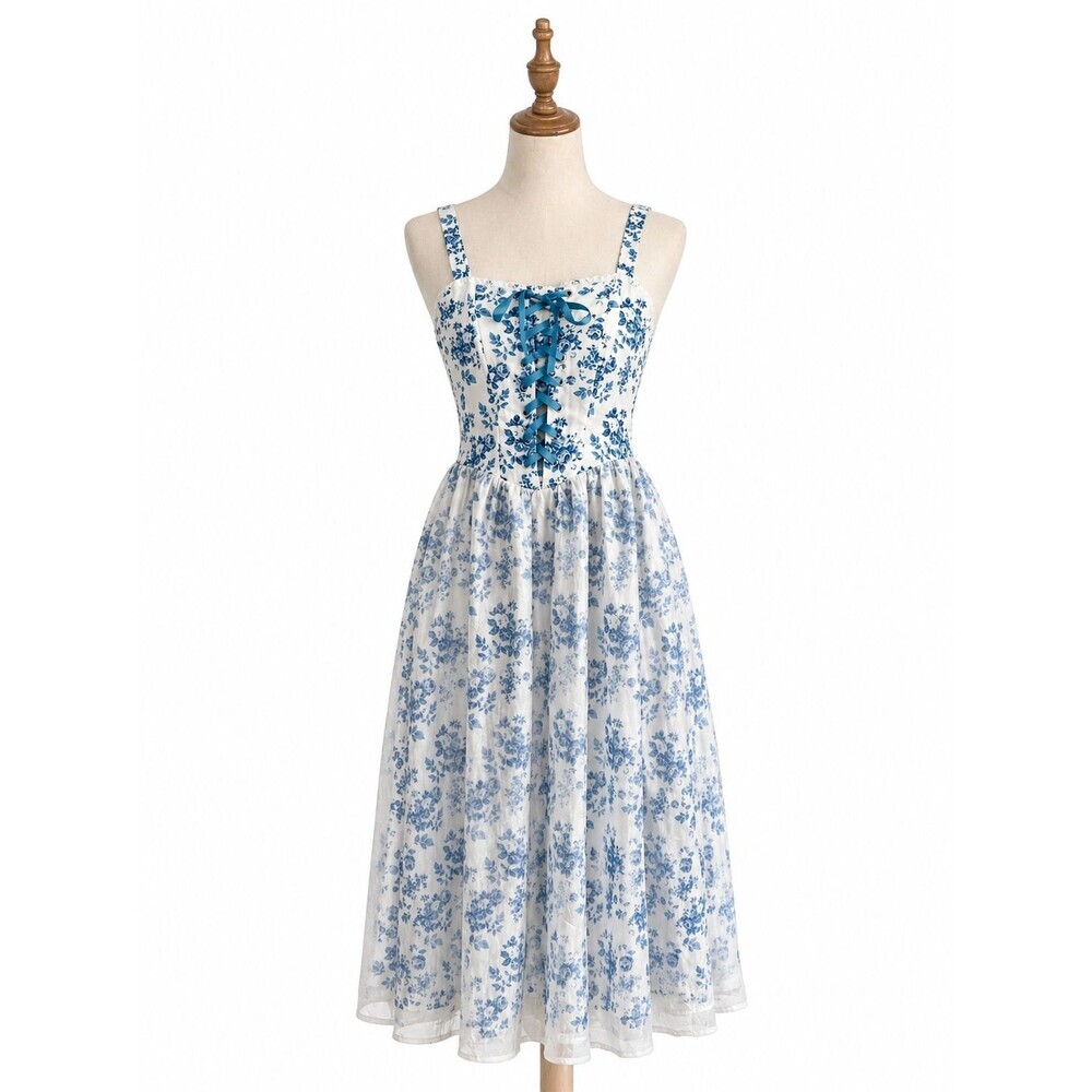 New Dark Scarlett Dress Size Small Corset Blue White Floral Renfair Fairycore